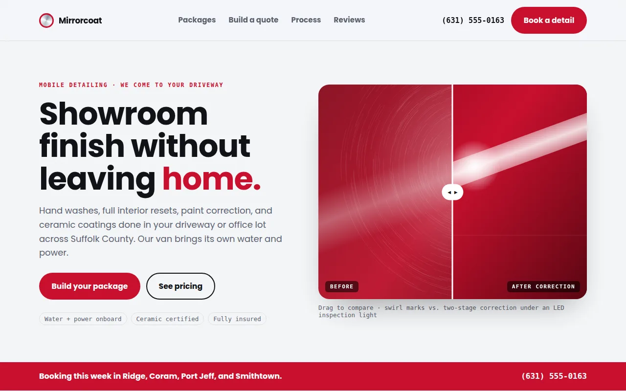 Homepage of the Mirrorcoat Detail Co. demo site