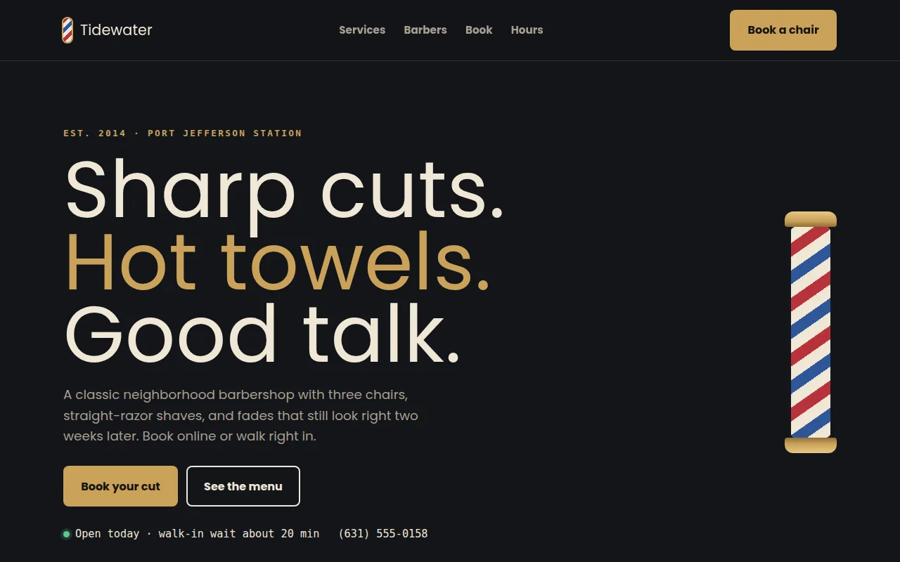 Homepage of the Tidewater Barber Co. demo site
