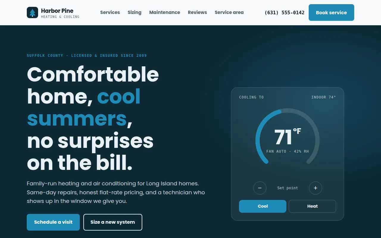 Homepage of the Harbor Pine Heating & Cooling demo site