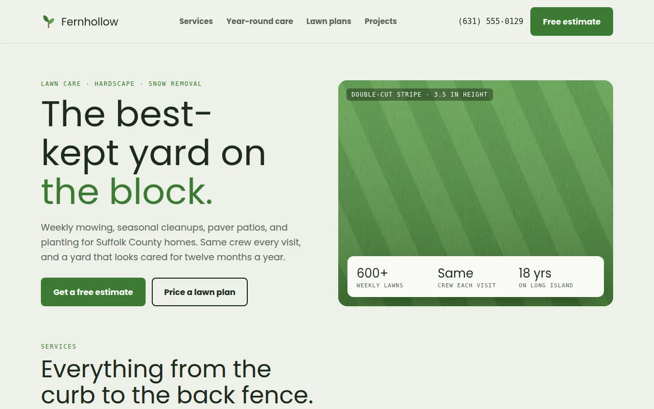 Homepage of the Fernhollow Landscape Co. demo site