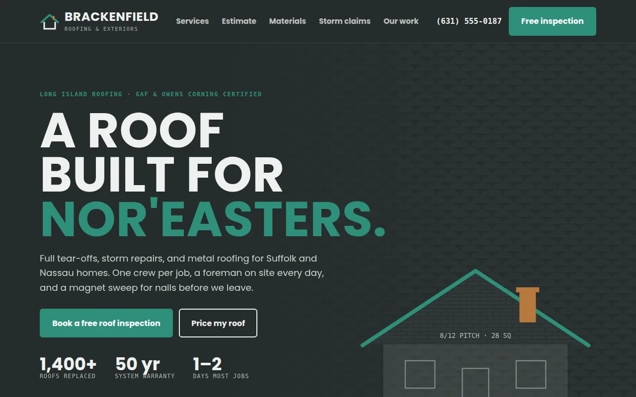 Homepage of the Brackenfield Roofing demo site